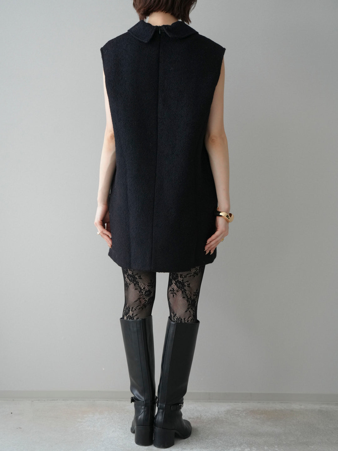 [予約]襟付きブークレミニワンピース/black