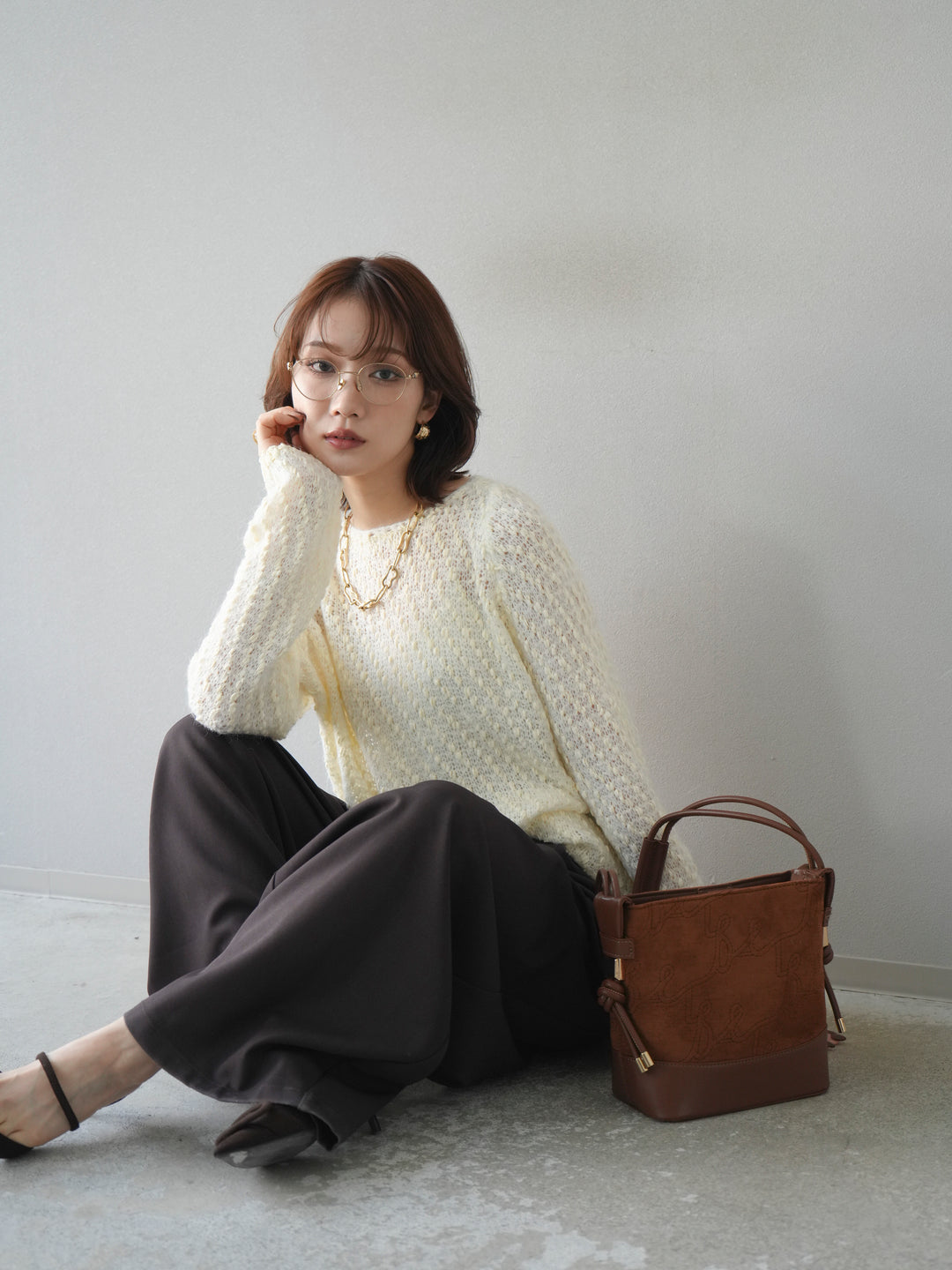 [SET]異素材ミックスヤーンニットプルオーバー+選べるアクセセット(2set)