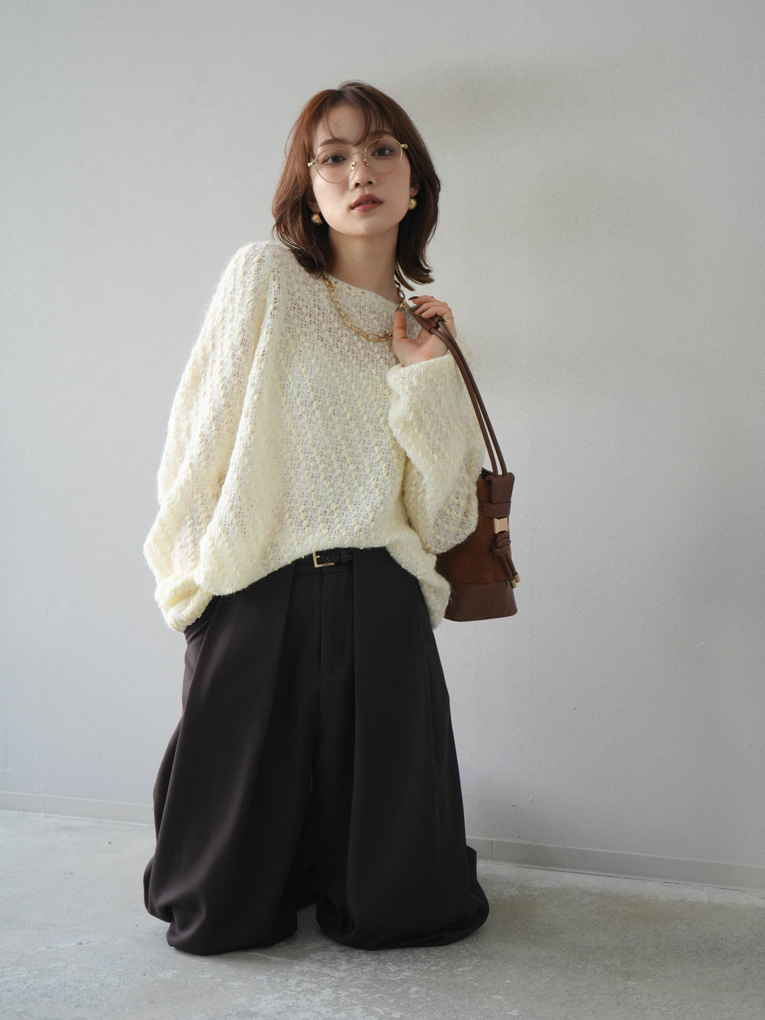 [SET]異素材ミックスヤーンニットプルオーバー+選べるアクセセット(2set)