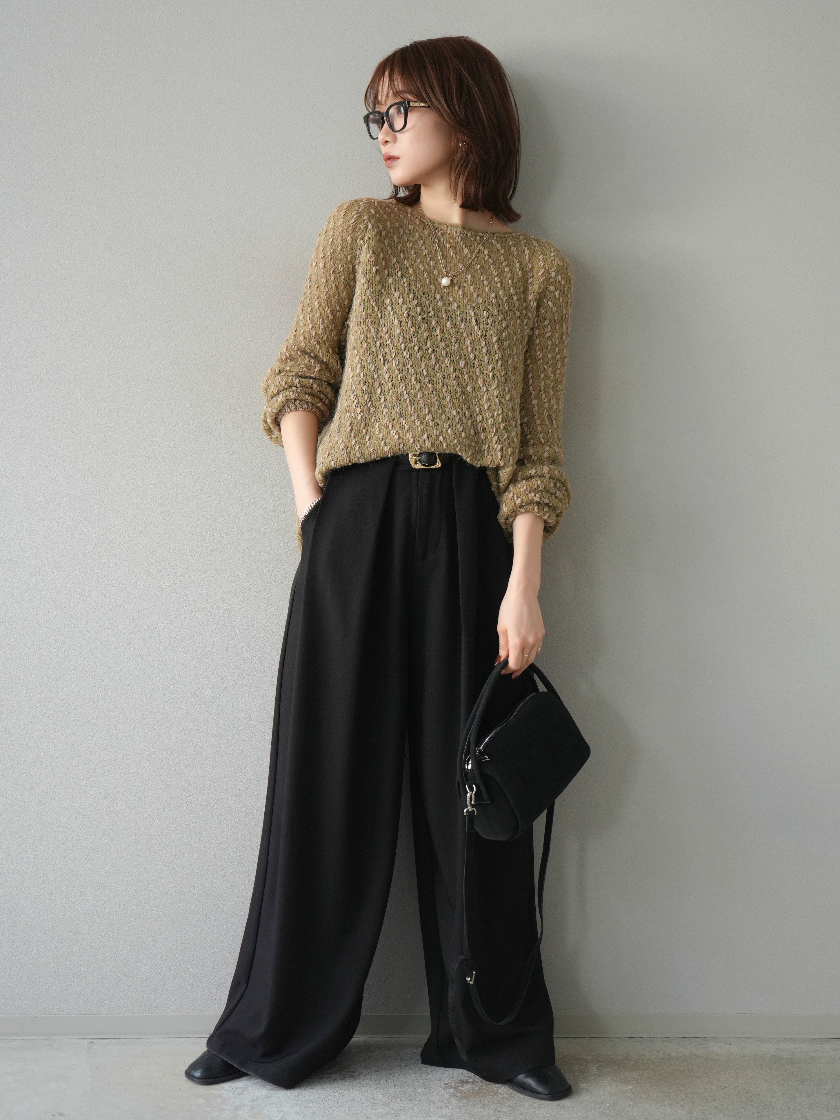 SET]異素材ミックスヤーンニットプルオーバー+ベルトループデザイン