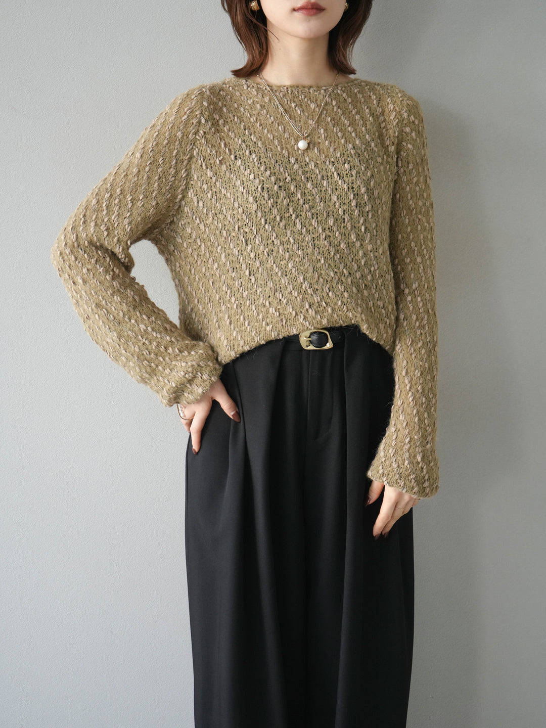 [予約]異素材ミックスヤーンニットプルオーバー/beige