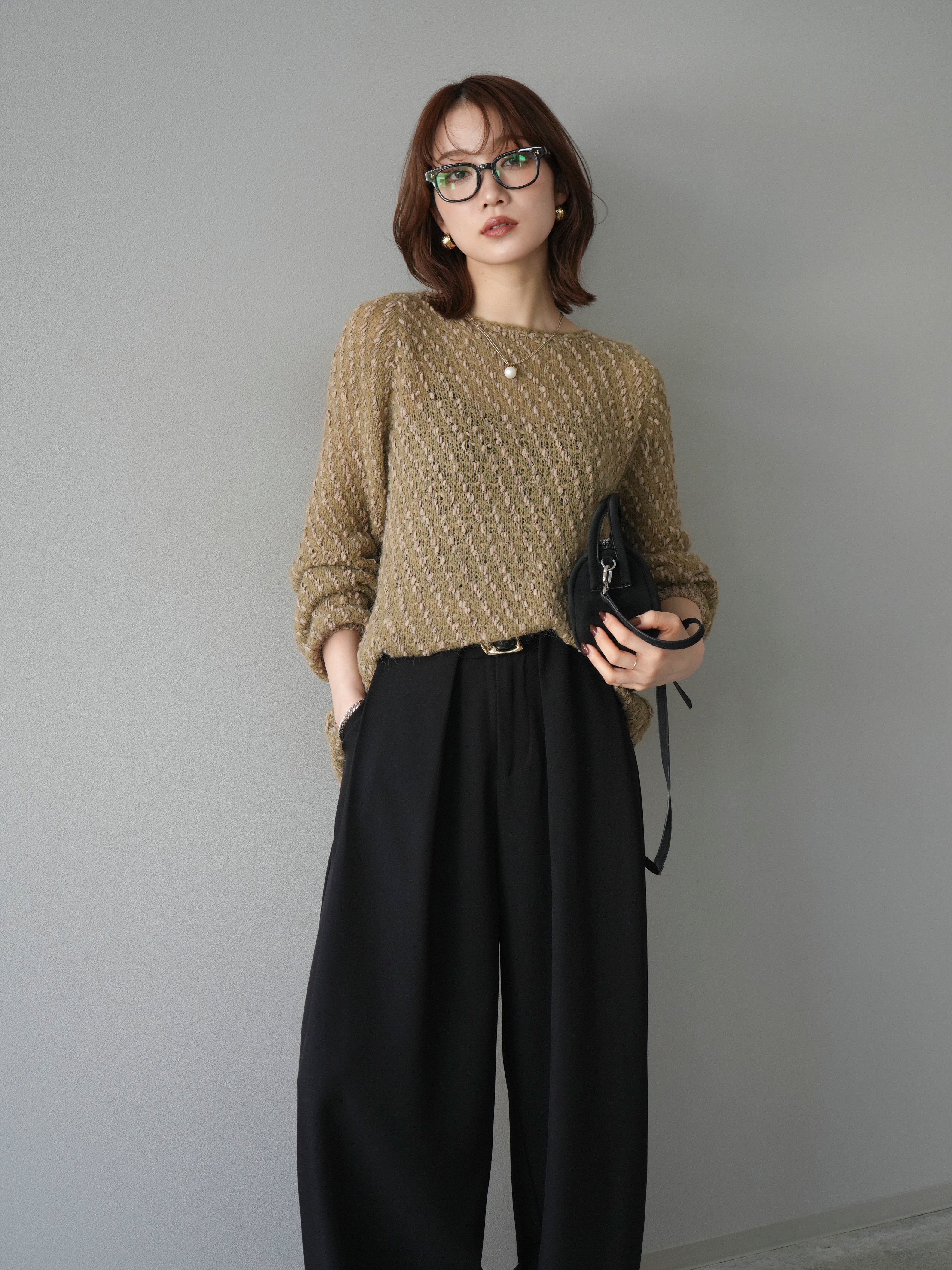 SET]異素材ミックスヤーンニットプルオーバー+ベルトループデザイン