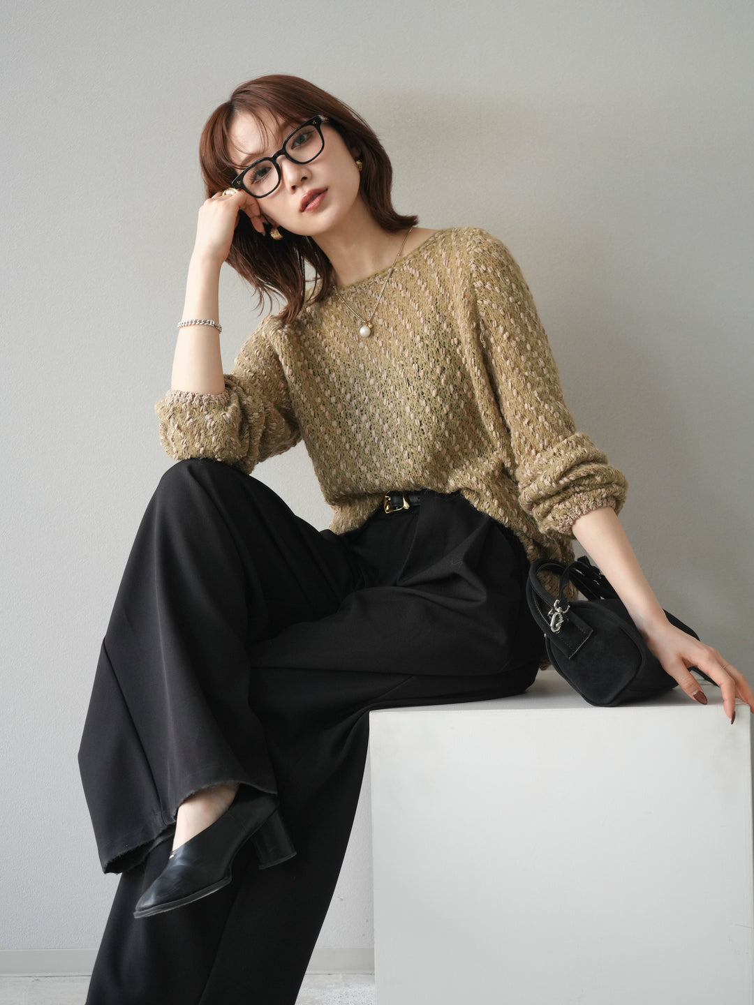 [SET]異素材ミックスヤーンニットプルオーバー+選べるアクセセット(2set)