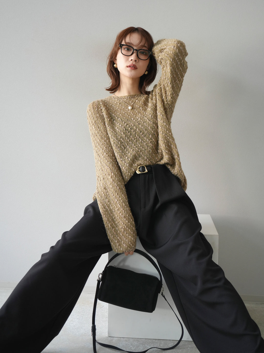 [予約]異素材ミックスヤーンニットプルオーバー/beige