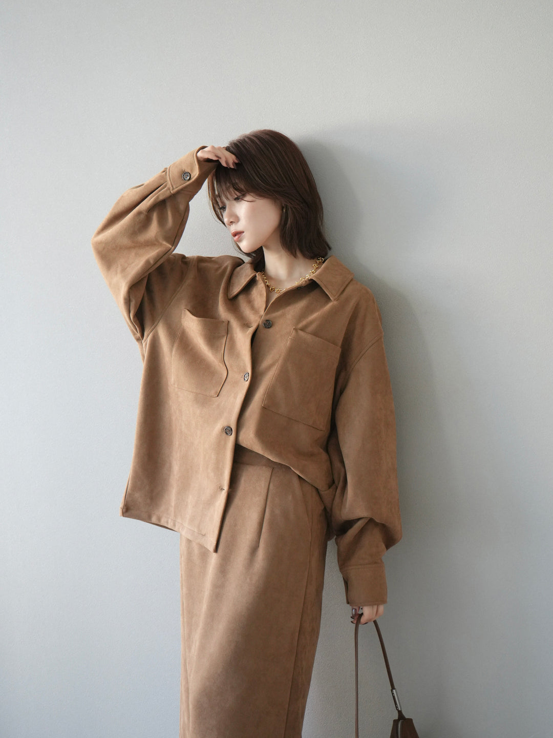 [SET]スエードシャツジャケット+スエードタイトスカート(2set)