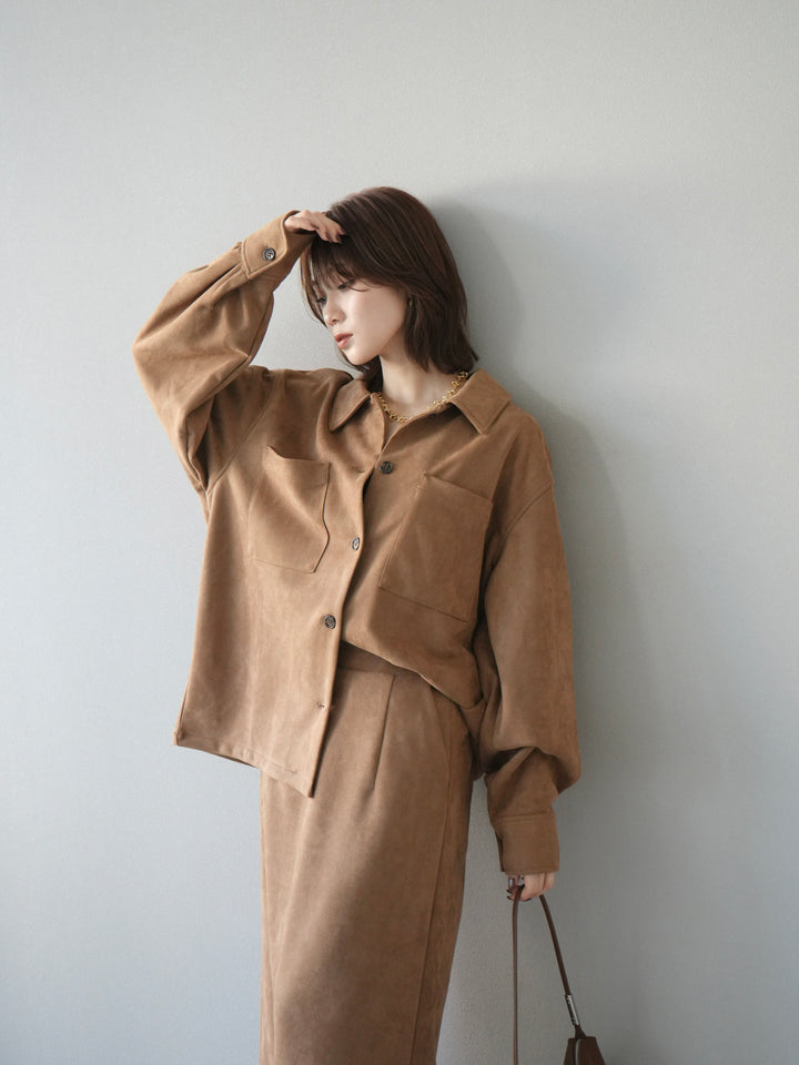 [SET]スエードシャツジャケット+スエードタイトスカート(2set)