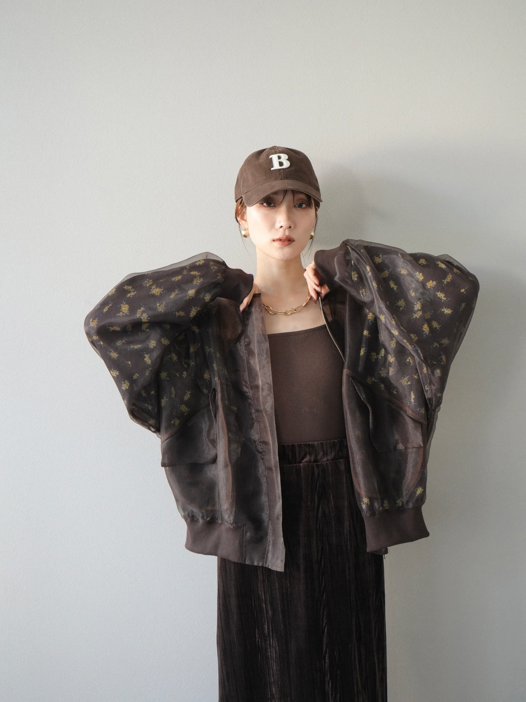 [予約]フラワーチュールドッキングブルゾン/ブラウン