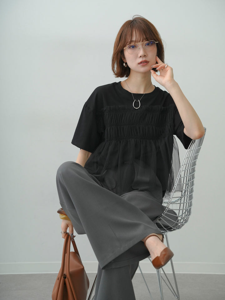[予約]ギャザーチュールドッキングTEE/black