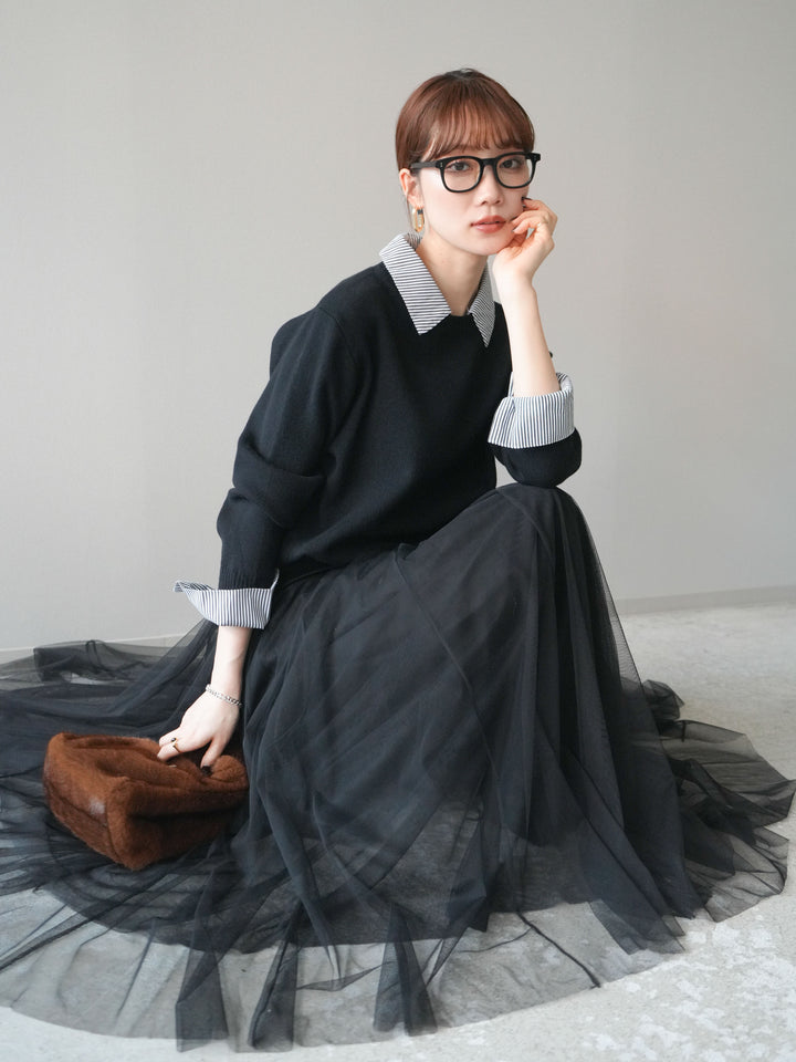 [予約]シャツドッキングデザイン裾ボタンニットプルオーバー/black