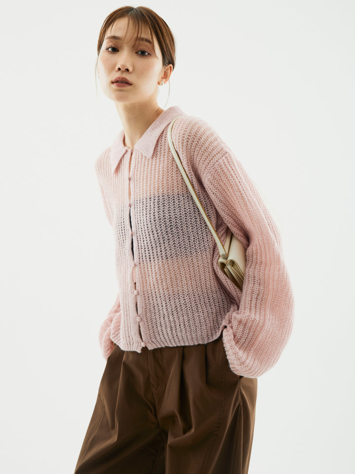 【Allure】[SET]起毛片畦編みシアーポロニット+タフタワイドカーブパンツ(2set)