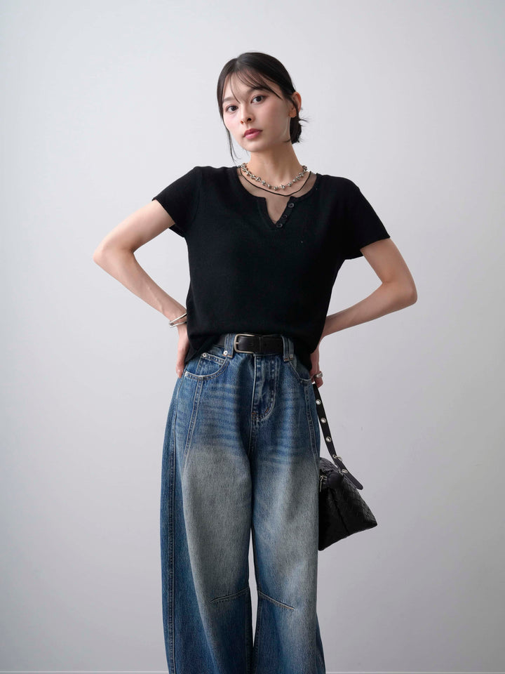 [SET]チュールレーヤードヘンリーフレンチニットトップス+立体カーブデニムパンツ(2set)