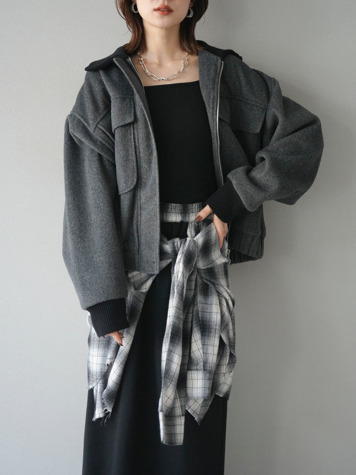 [予約]ウールタッチ襟リブステンカラーショートコート/charcoal