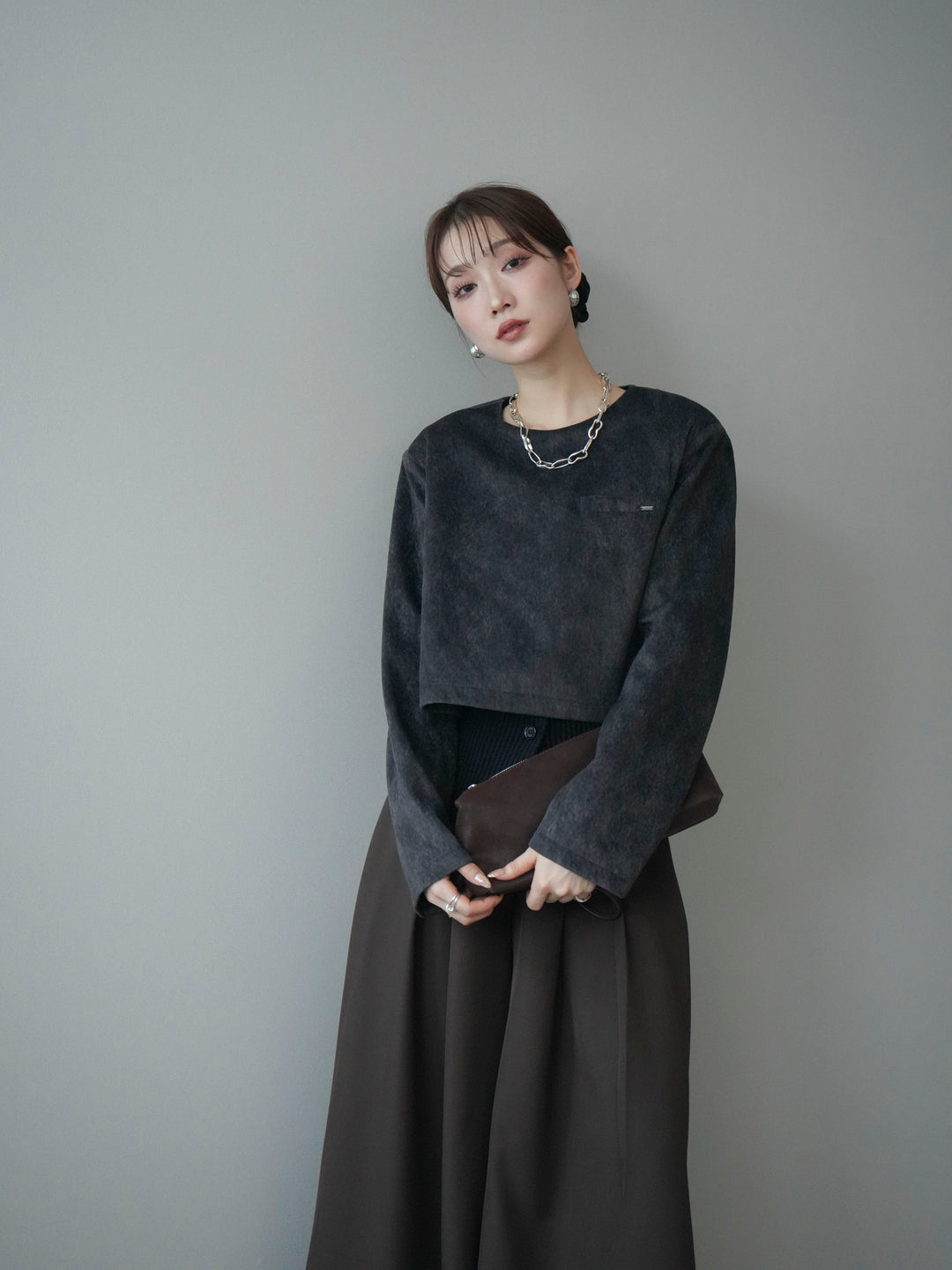 [予約]リブニットレイヤードスエードプルオーバー/charcoal