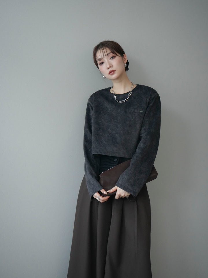 [予約]リブニットレイヤードスエードプルオーバー/charcoal