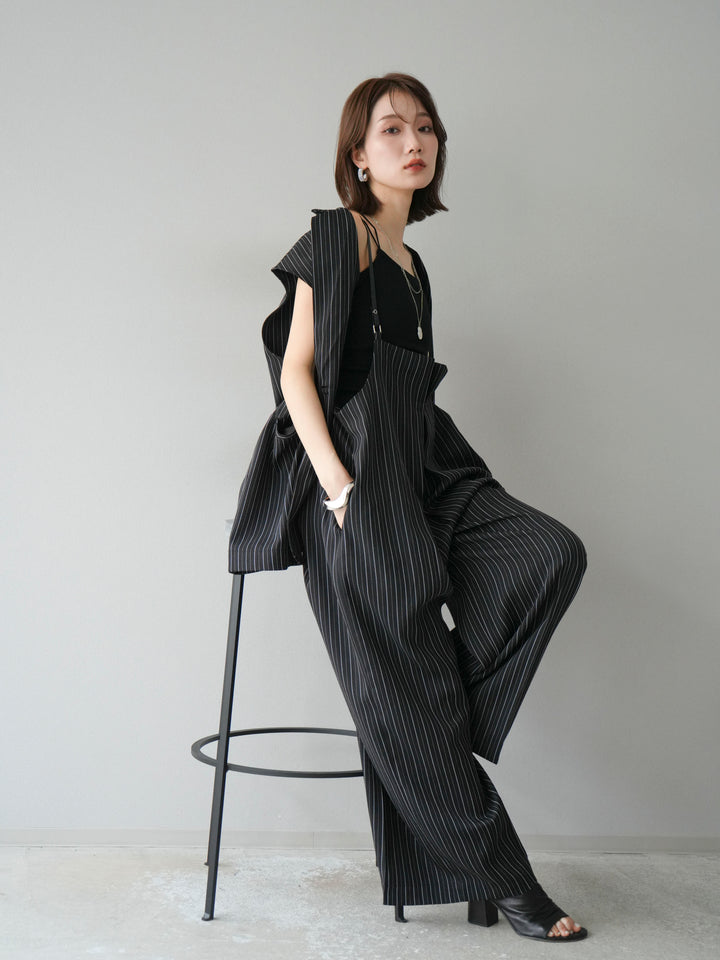 【着回しセット】[SET]ヘリンボーンストライプジレ+シアー切替ベロアトップス+ヘリンボーンストライプサロペット(3set)