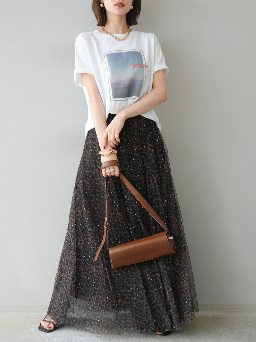 [5] 豹紋薄紗層疊百褶裙/摩卡色