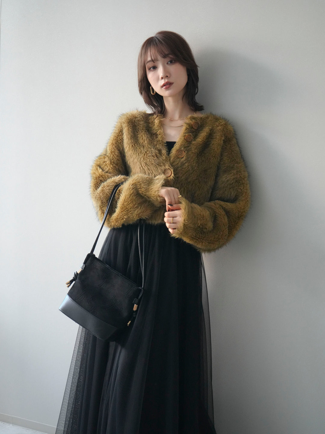 [予約]ミックスシャギーショートニットカーディガン/green