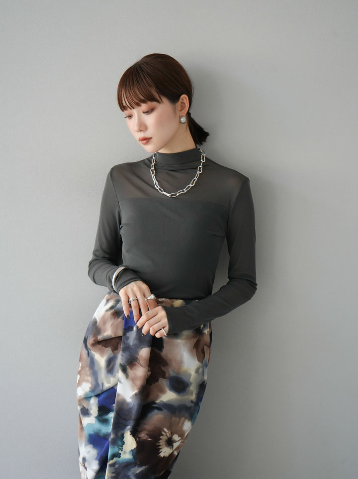 [SET]シアー切替ストレッチ長袖トップス+シアー切替ストレッチトップス(2set)