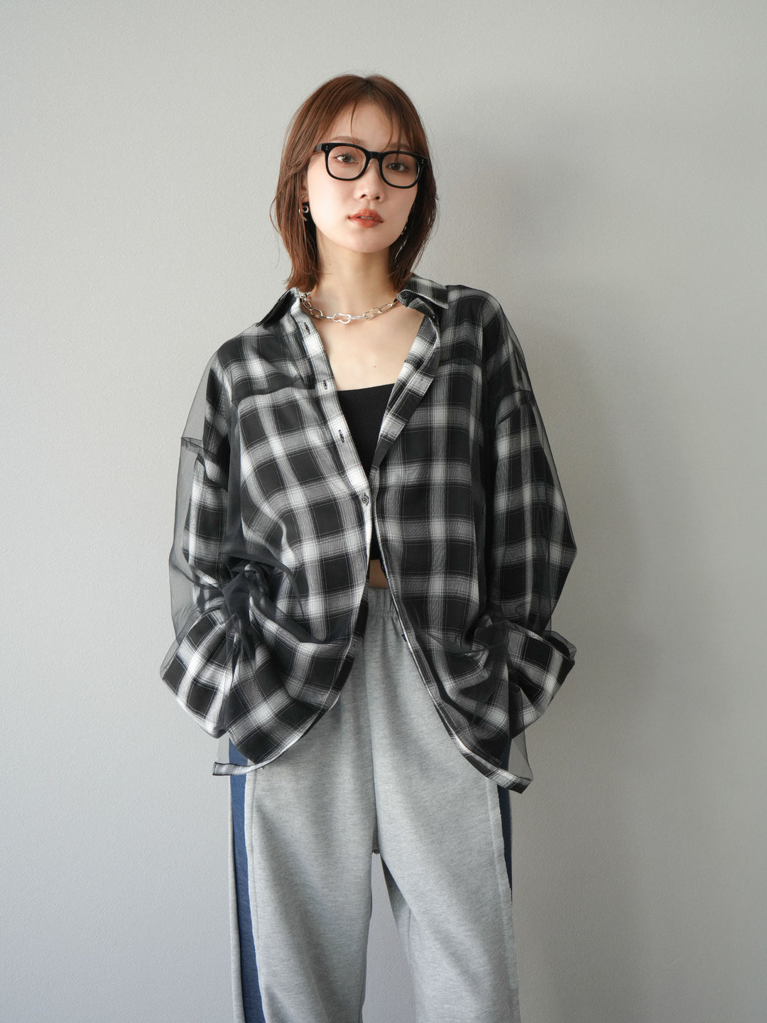 [套裝] 薄紗對接格紋寬鬆襯衫 + 牛仔布 Switch 2-Way 設計運動褲 (2 套)