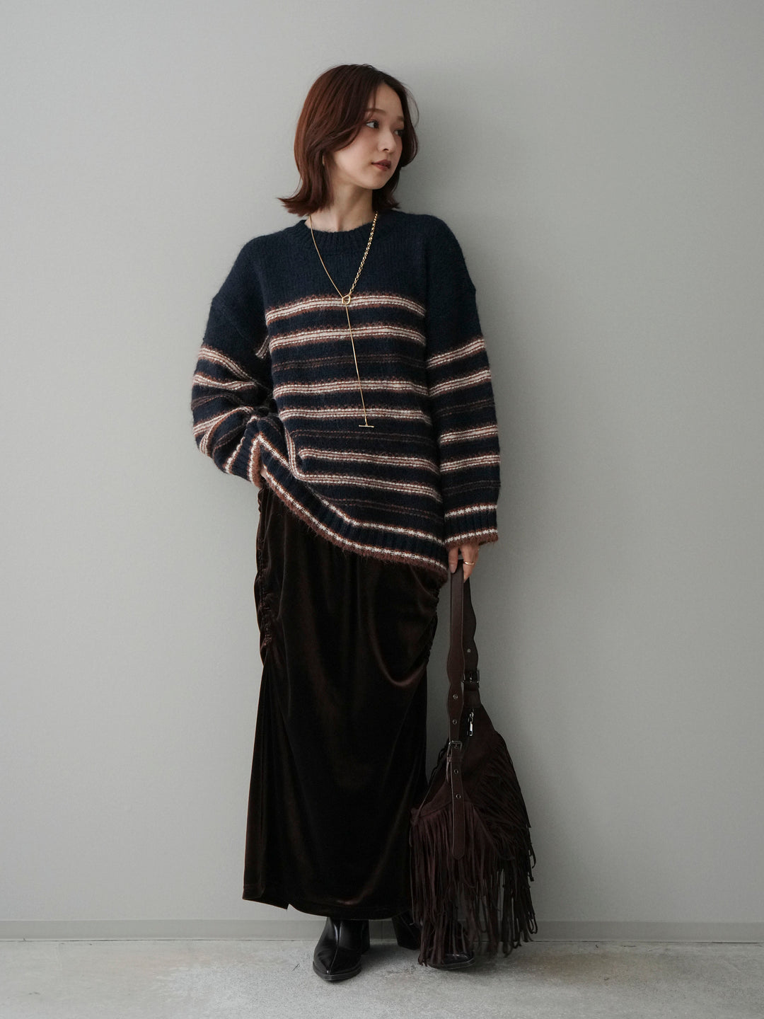 [SET]ステッチボーダーニットプルオーバー+ギャザーベロアスカート(2set)