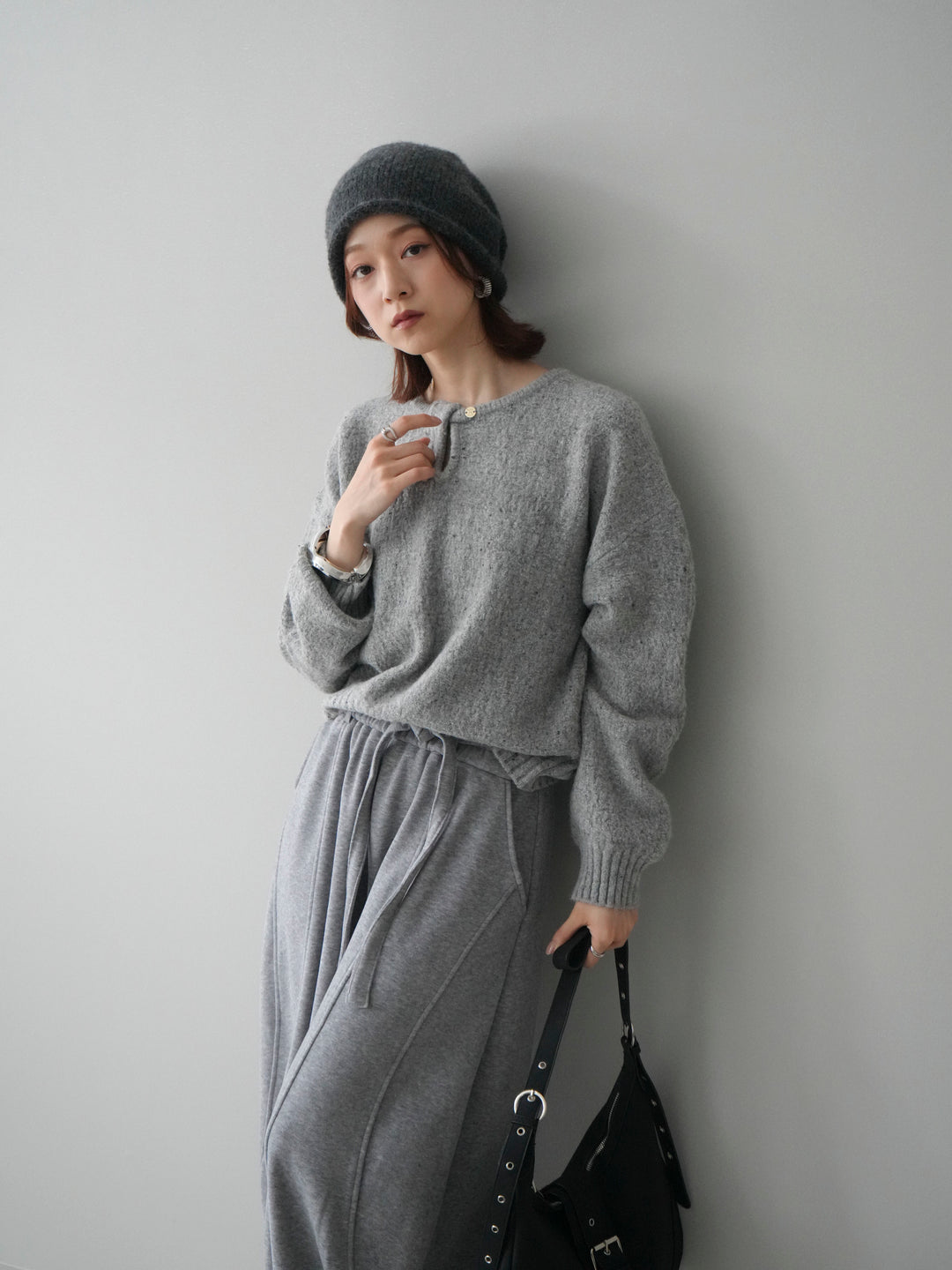 [予約]ツイストネックラメネップヤーンニットプルオーバー/gray