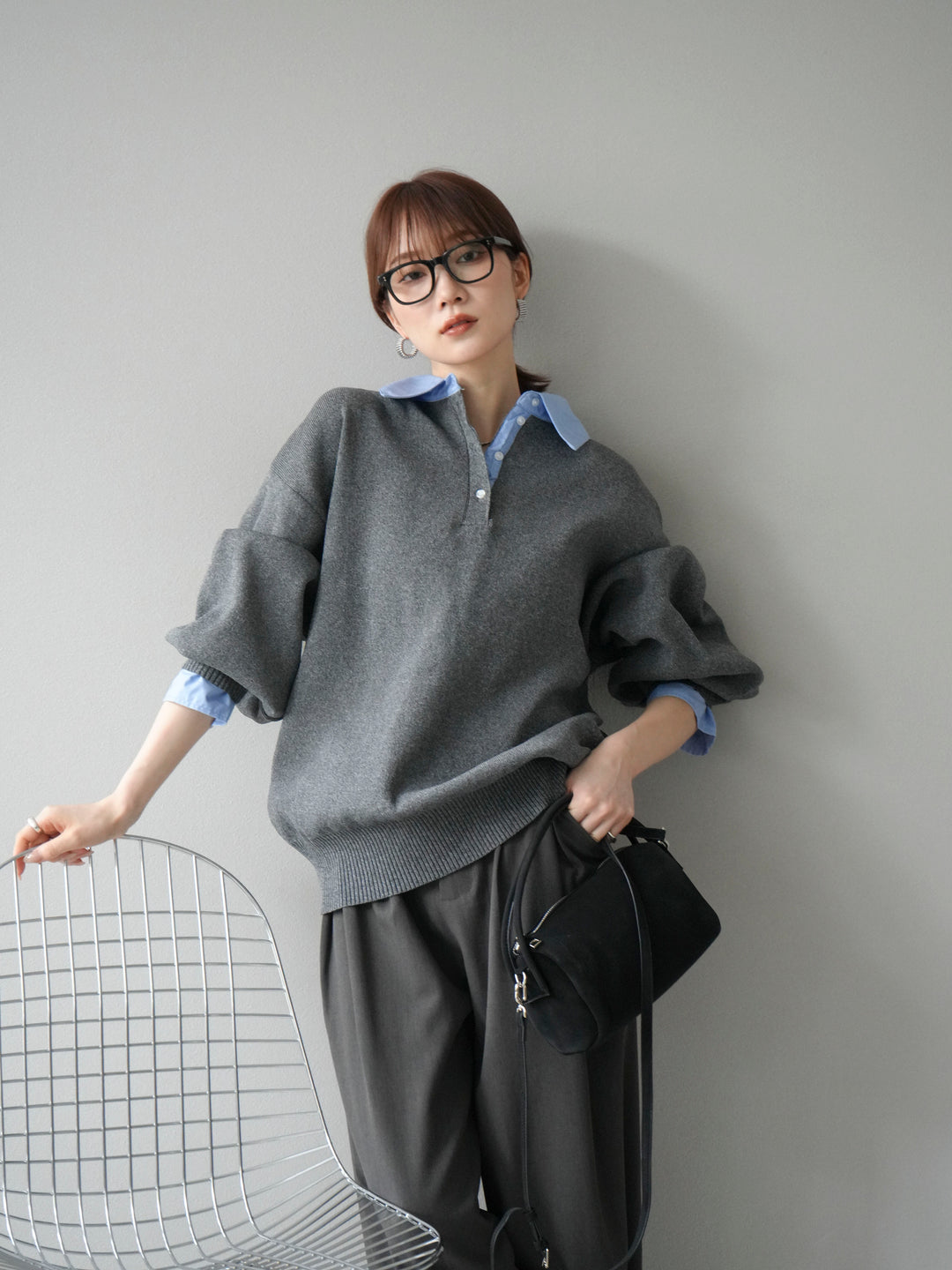 【SET】翻領polo針織套衫+雙褶闊腿褲（2件組）