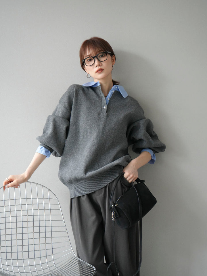 【SET】翻領polo針織套衫+雙褶闊腿褲（2件組）