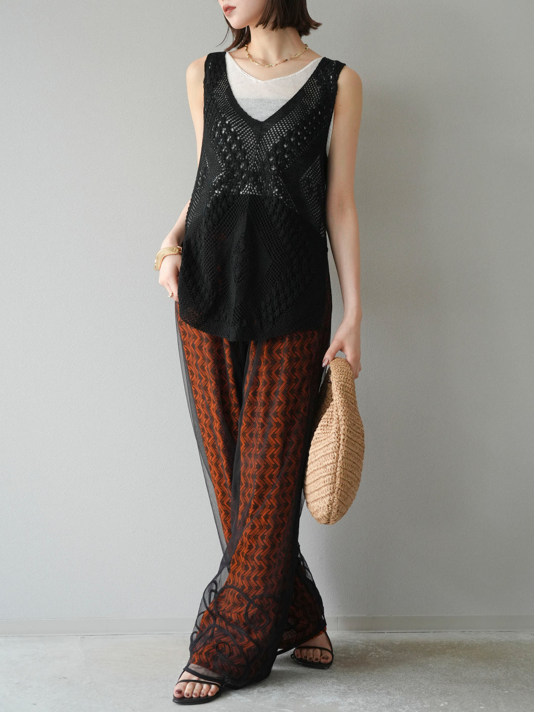 [予約]レーヨンフレックススラブウェーブ柄ストレートパンツ/オレンジ