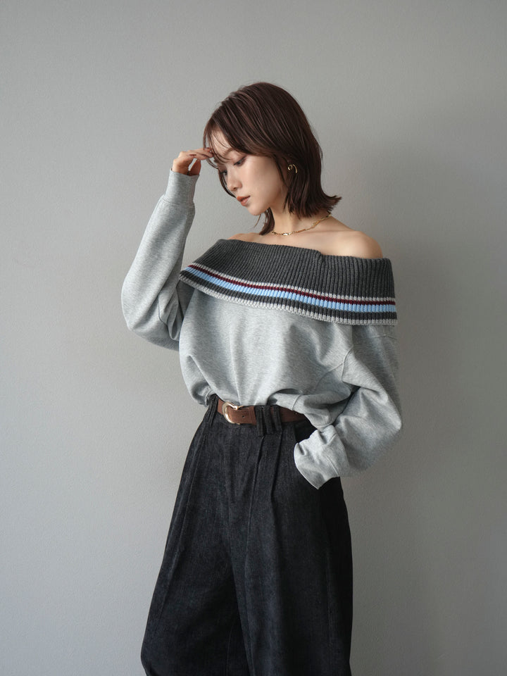 [予約]ボーダーニットオフショルダーxスウェットプルオーバー/gray