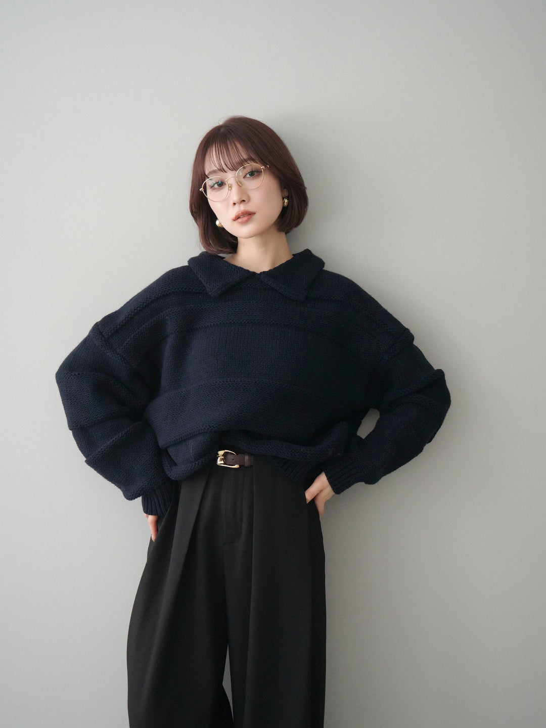 [予約]襟付きボーダー編みニットプルオーバー/navy