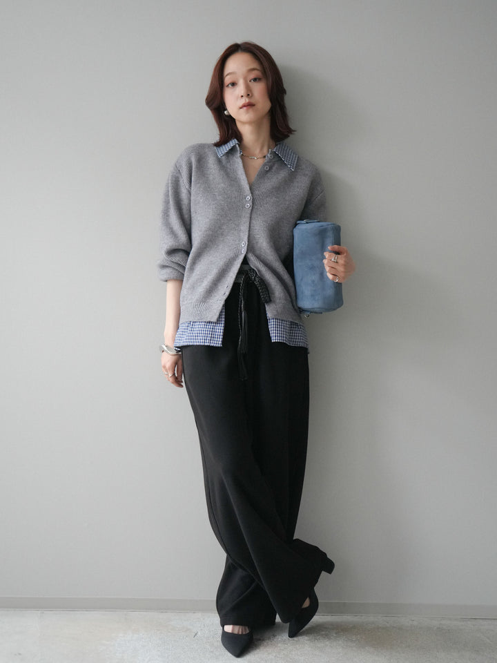 [SET]チェックシャツ襟ニットカーディガン+編み込みベルト付きウエスト配色スエットパンツ(2set)