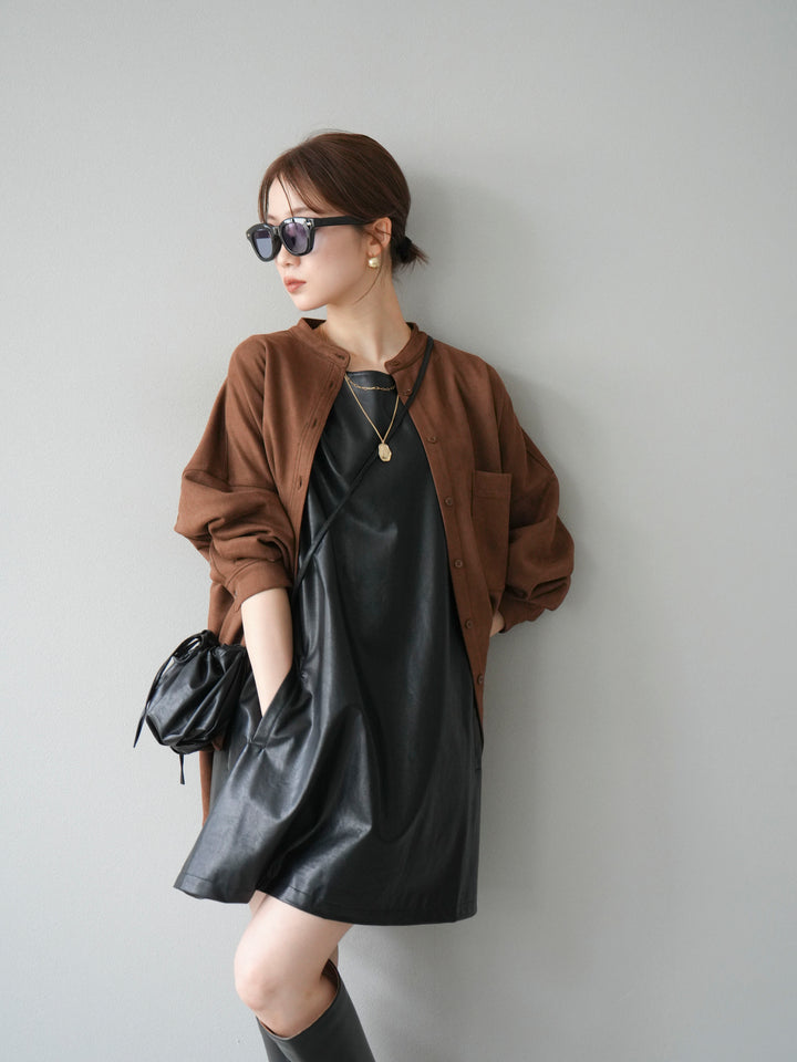 [SET] 麂皮立領外套襯衫 + 附單肩包皮革迷你連身裙（2 套）