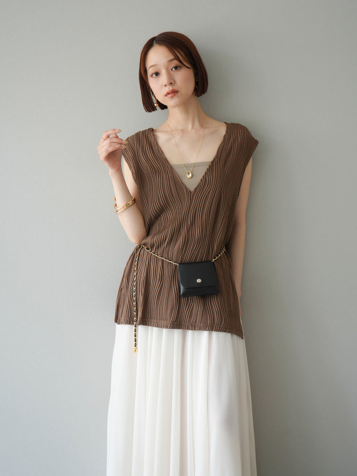 [SET]ウェーブパイピングVネックベスト+シフォンフレアスカート(2set)