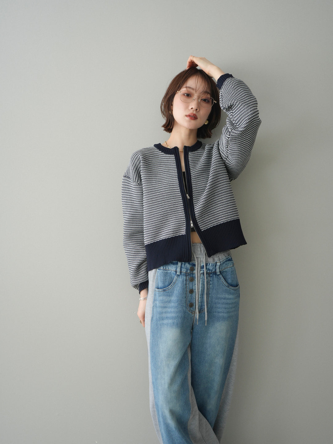 [予約]ボーダーダブルZIPカーディガン/navy