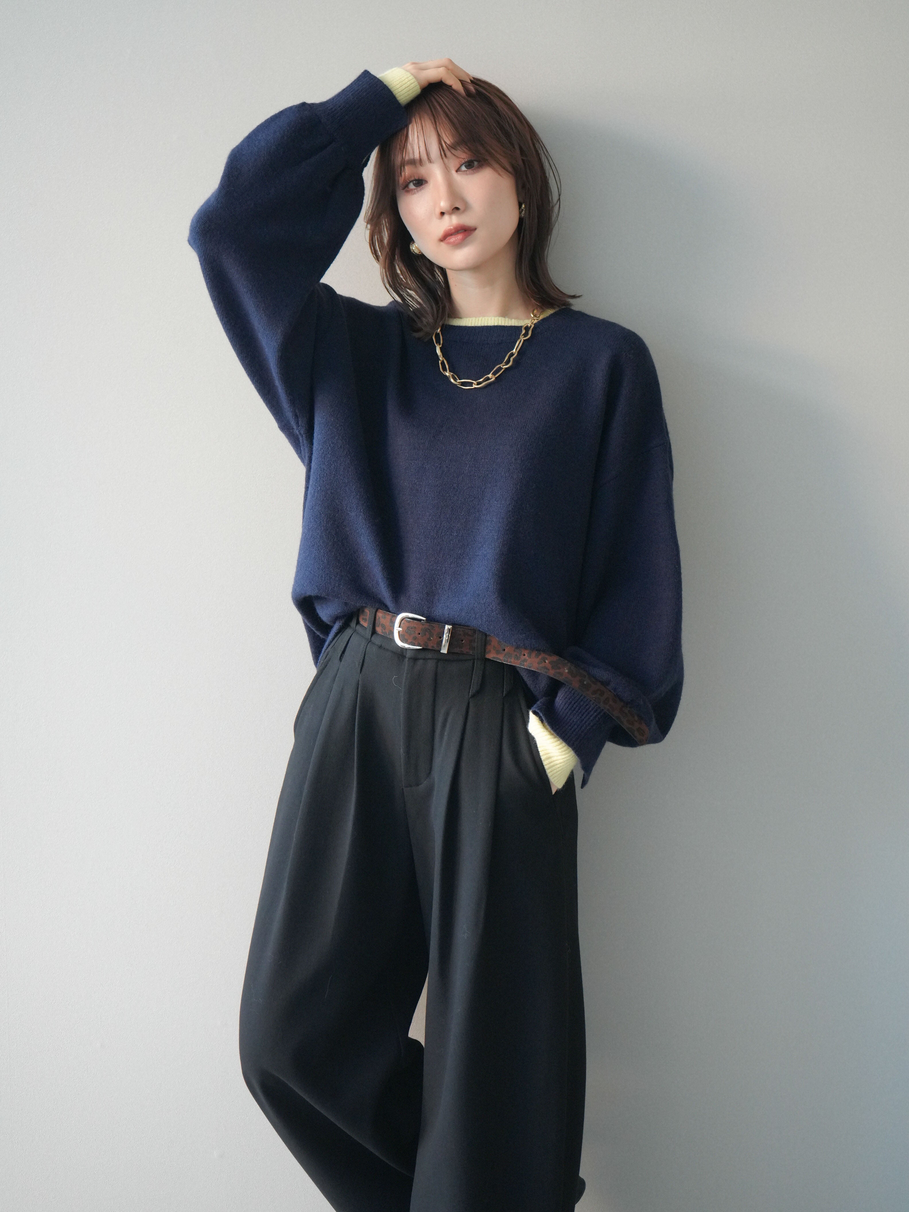 SET]ヘンリーネック配色レイヤードニットプルオーバー+ヘンリーネック