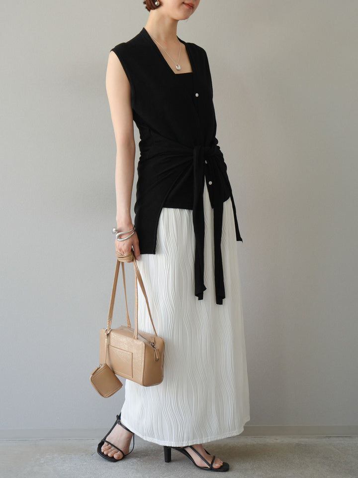 [SET]腰巻きデザインノースリーブニットカーディガン+ウェーブパイピングタイトスカート(2set)