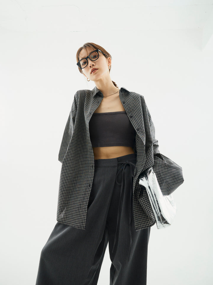 【Allure】[SET]チェックBIGカフスオーバーシャツ+ラップデザインタックワイドパンツ(2set)