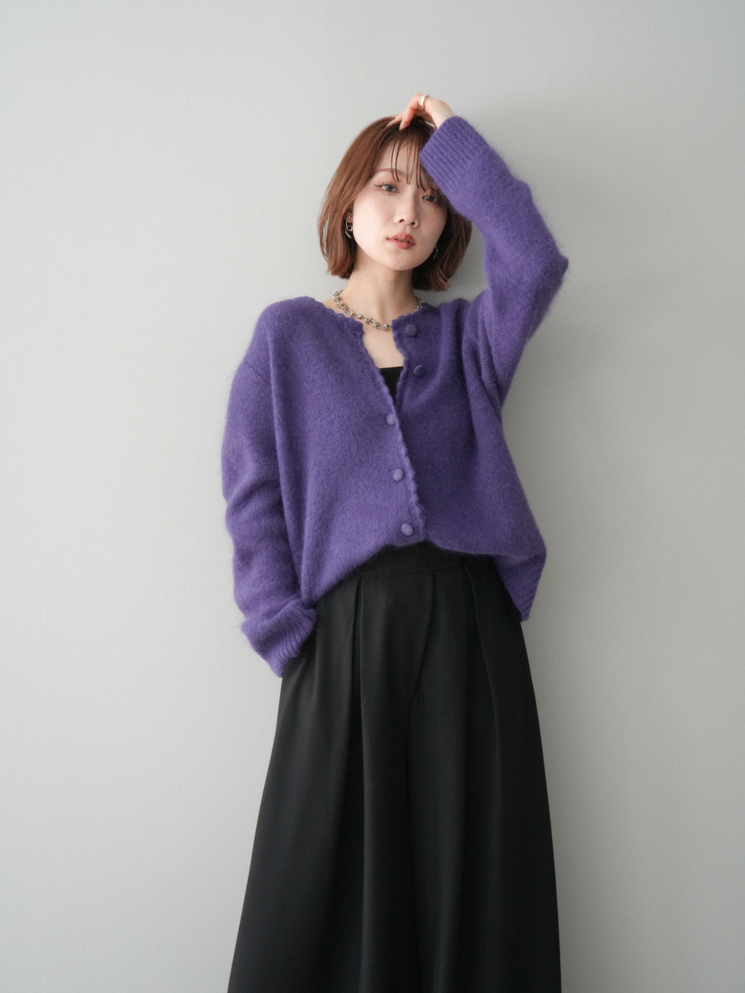[予約]くるみボタンニットカーディガン/purple