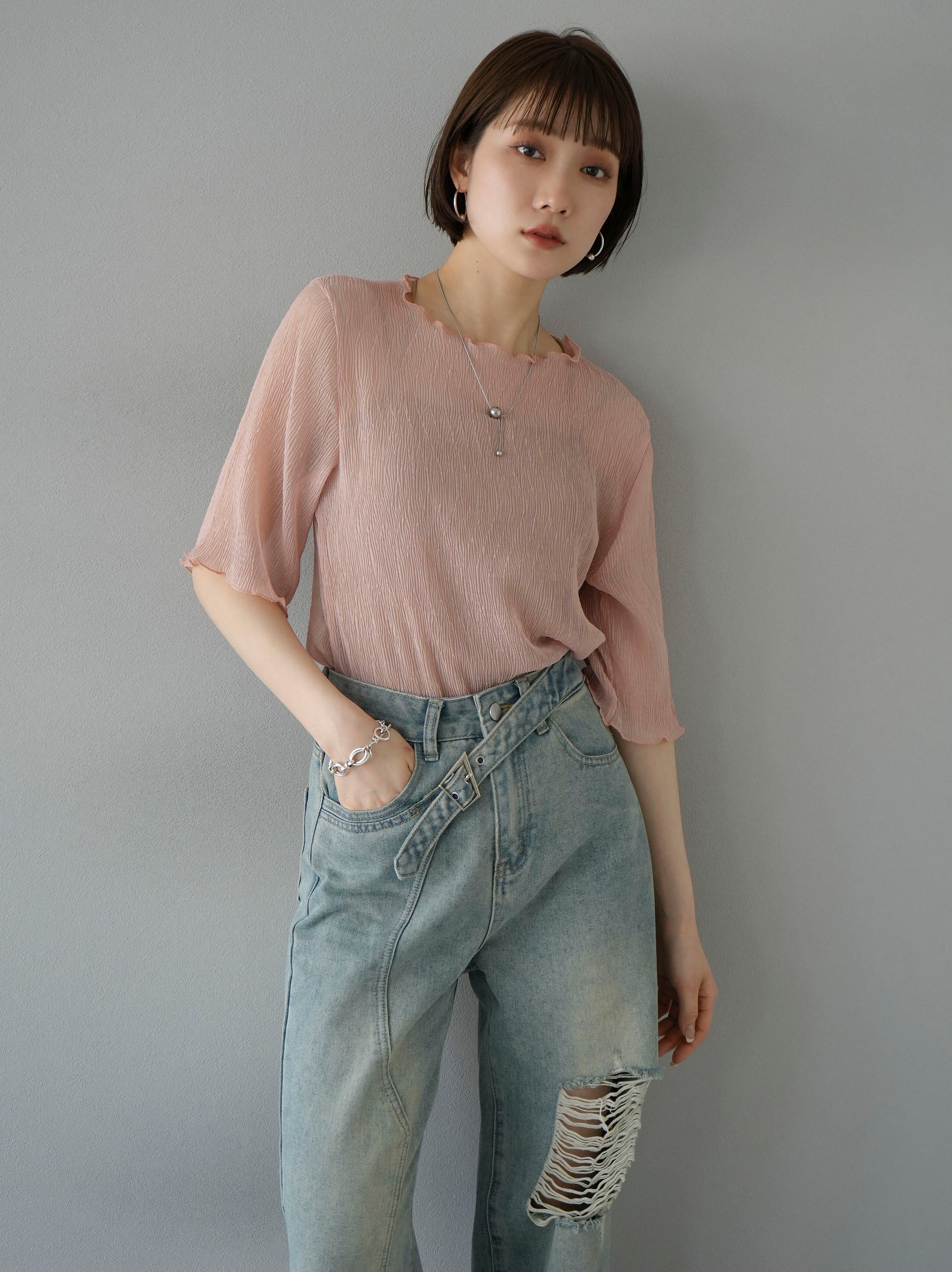 予約]楊柳シアーメローハーフスリーブトップス/ピンク – Lumier