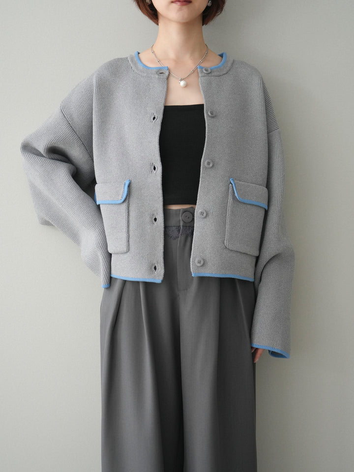 [SET]ポリエステル配色ニットカーディガン+ウエストレースタックワイドパンツ(2set)