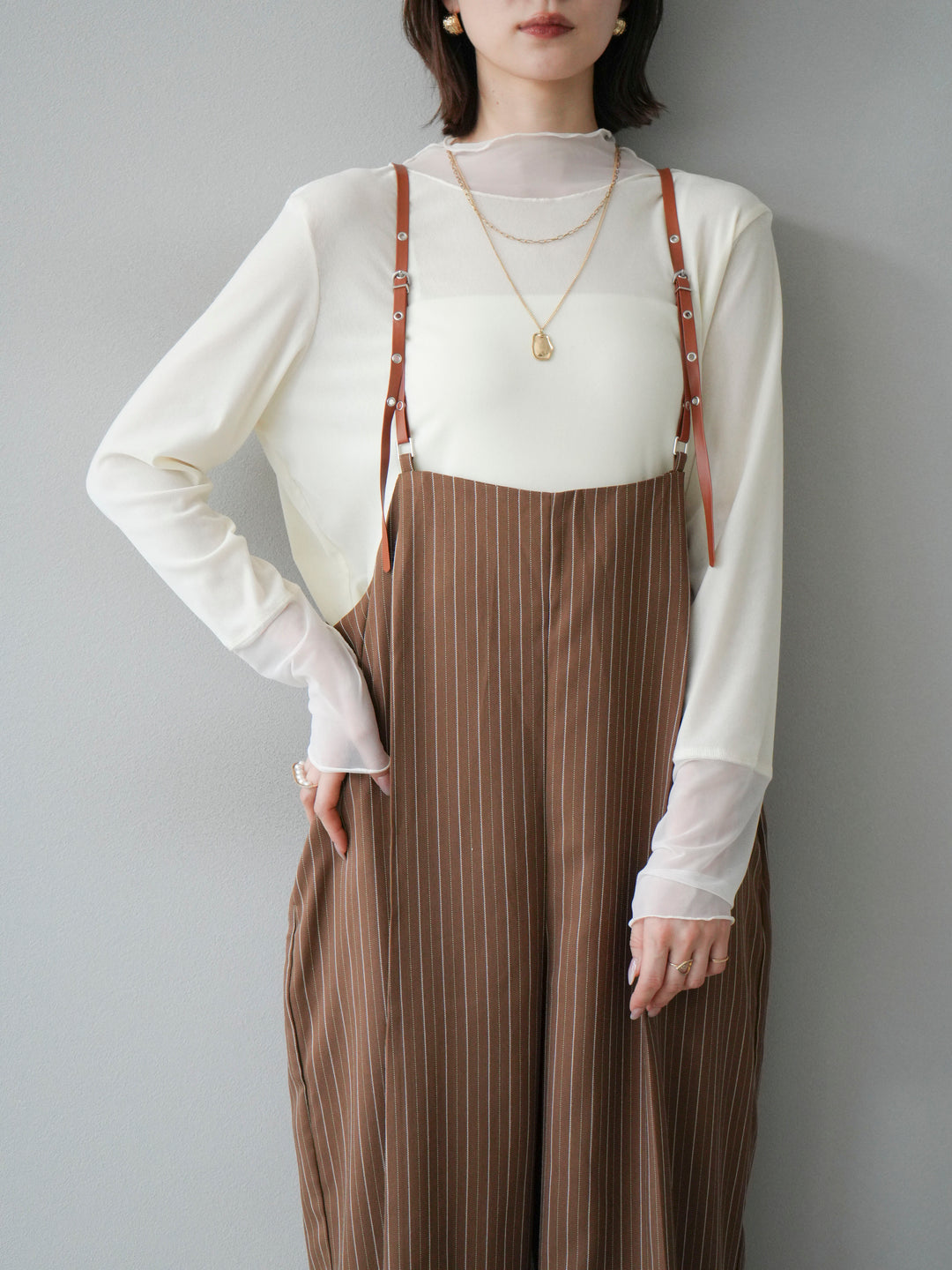 【着回しセット】[SET]ヘリンボーンストライプジレ+シアー切替ベロアトップス+ヘリンボーンストライプサロペット(3set)