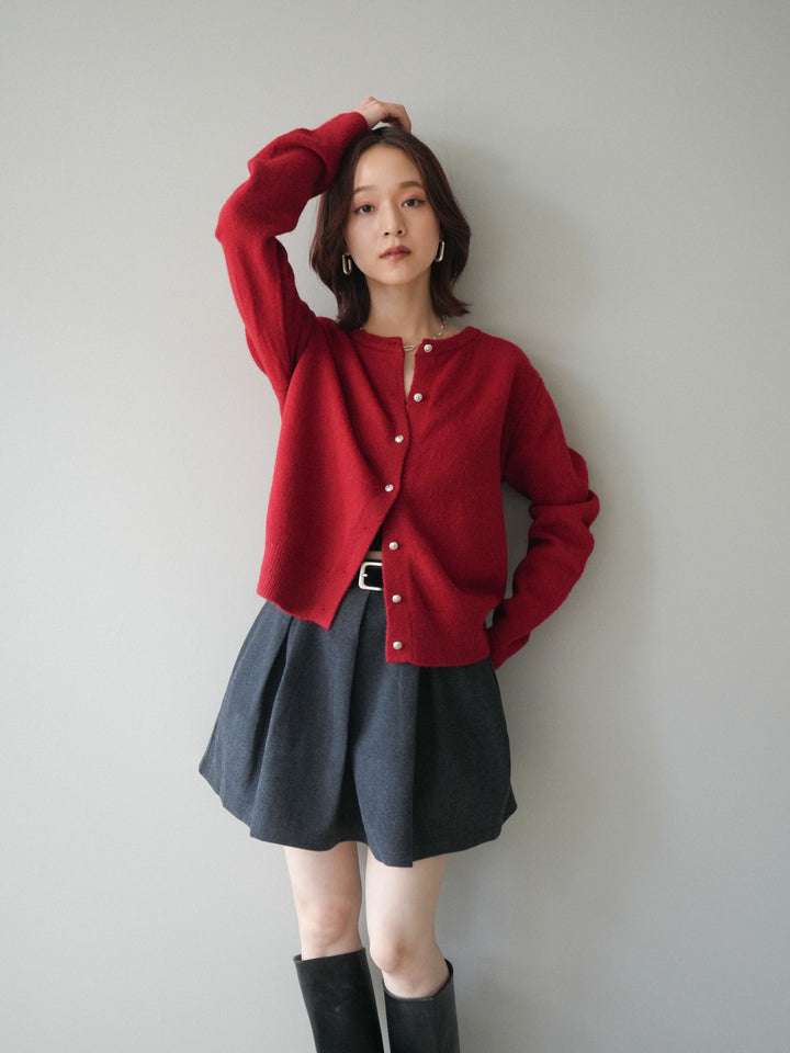 [SET]アンティークボタンニットカーディガン+ベルト付きタックミニスカート(2set)