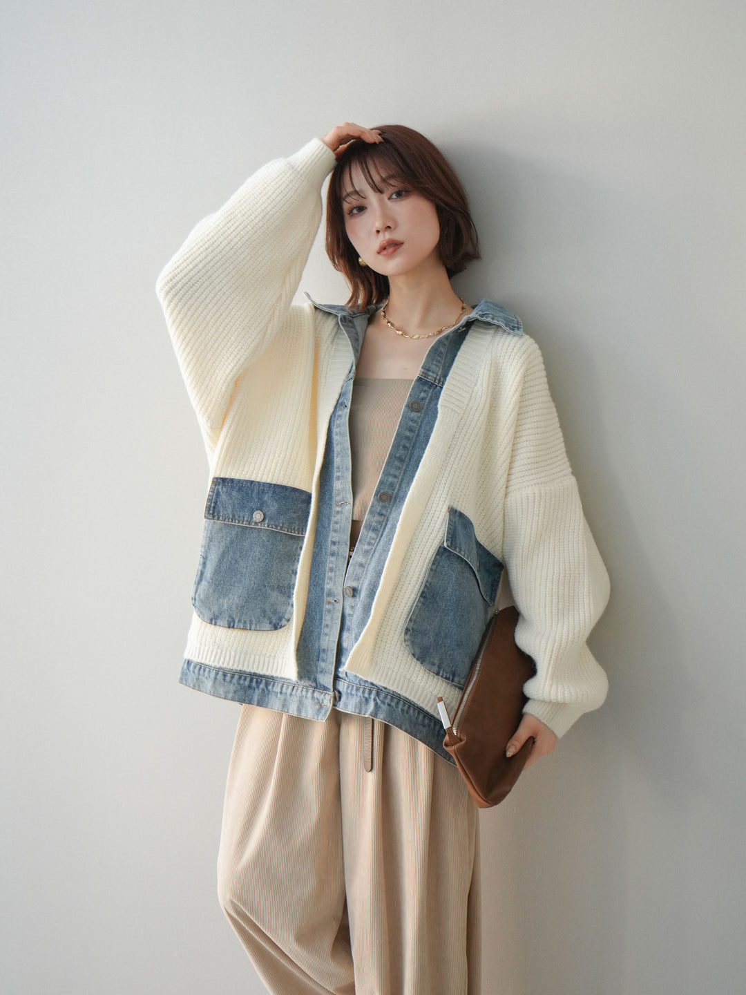 [SET]デニムドッキングオーバーニットジャケット+コーデュロイサイドタックコクーンパンツ(2set)