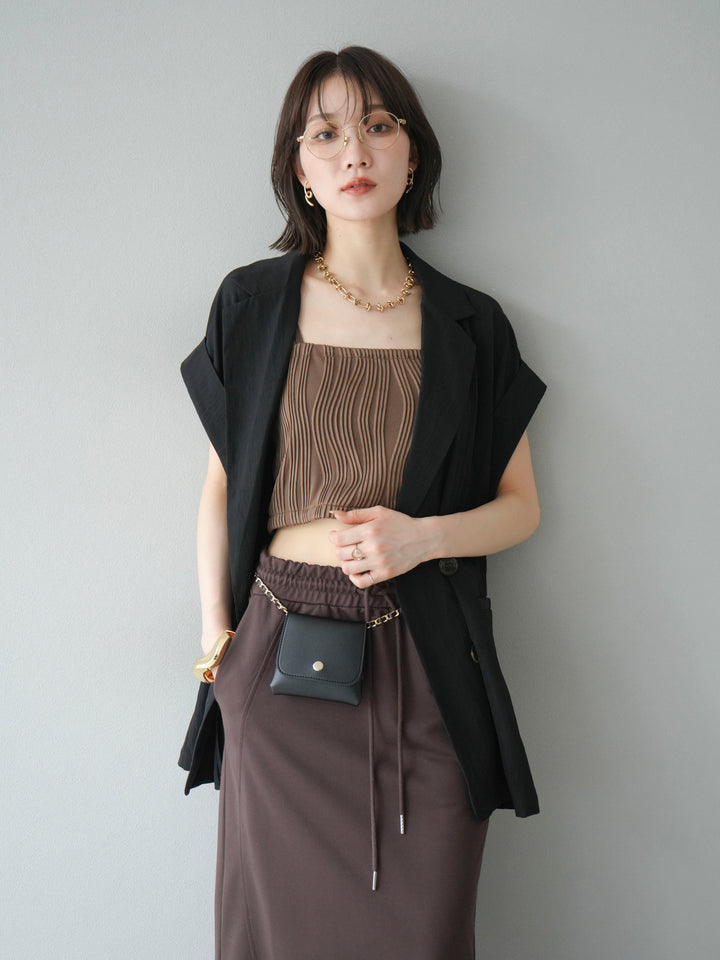 [SET]リネンライクノースリーブダブルジレ+ウェーブパイピングカップ付ベアキャミソール(2set)