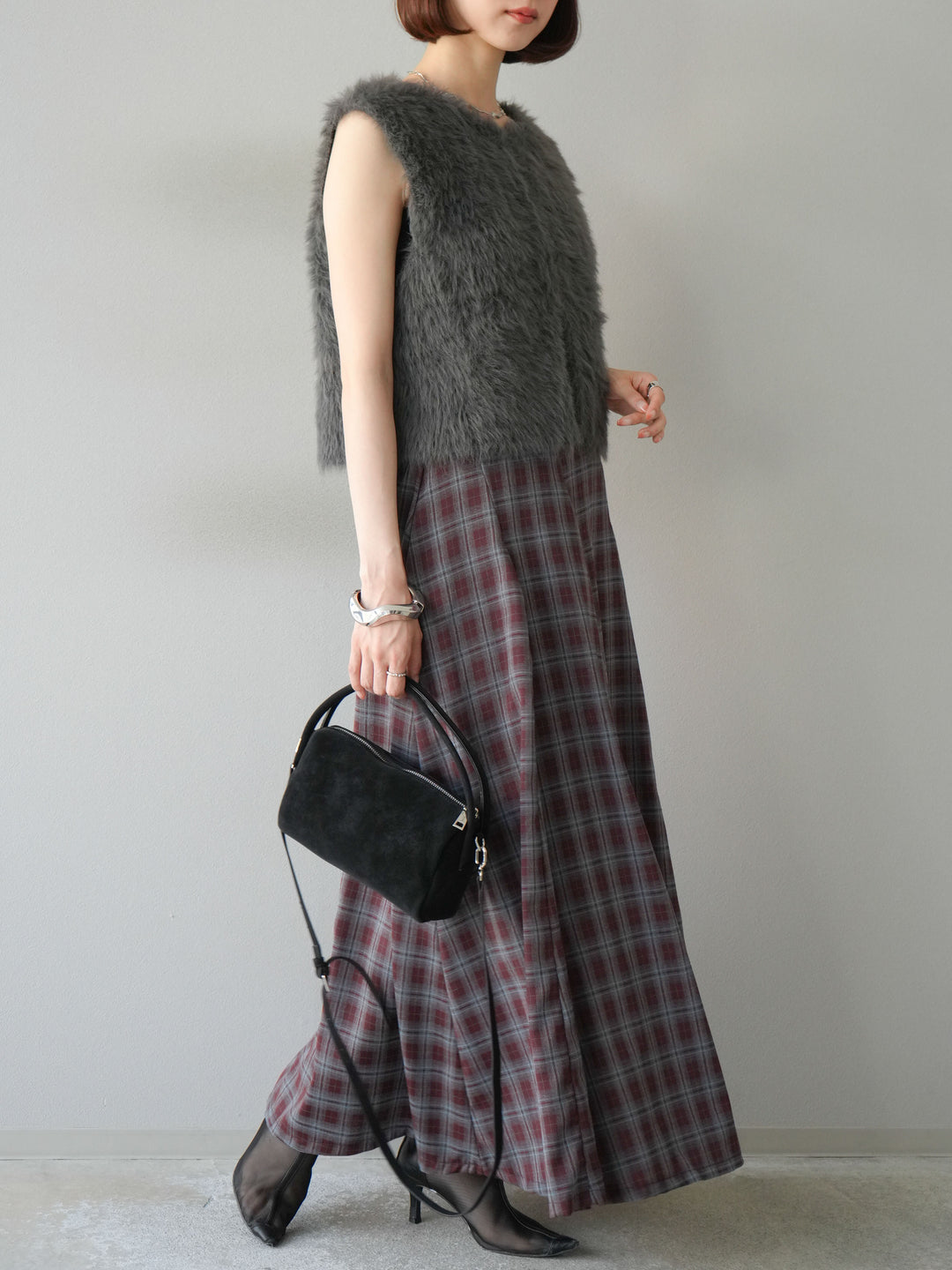 [予約]チェックタックフレアロングスカート/ ボルドー
