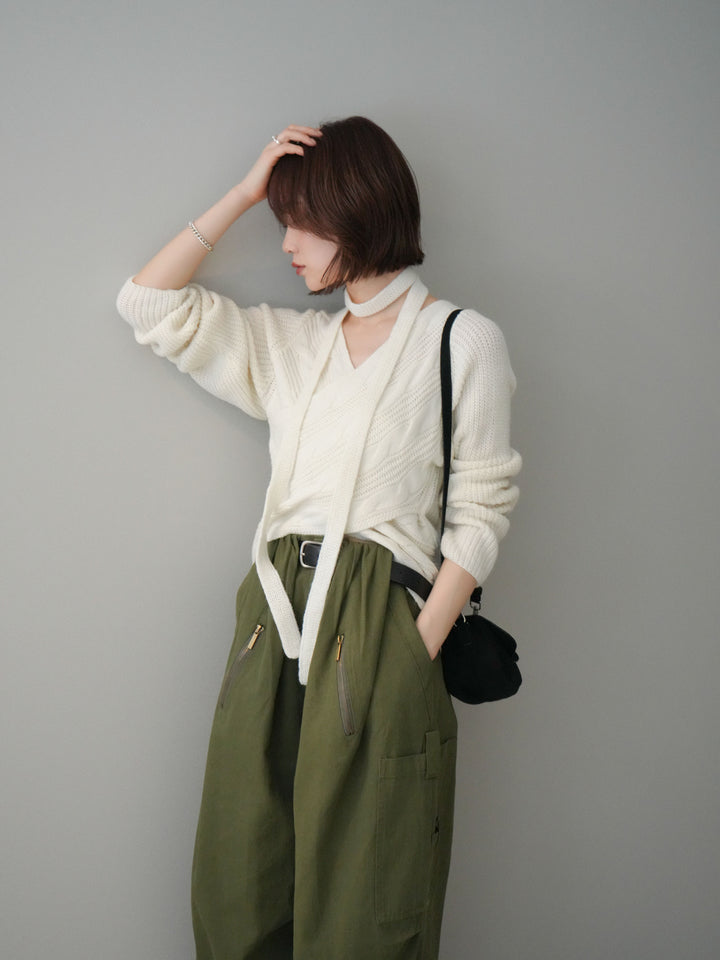 [予約]ケーブル編みクロスニットトップス/white