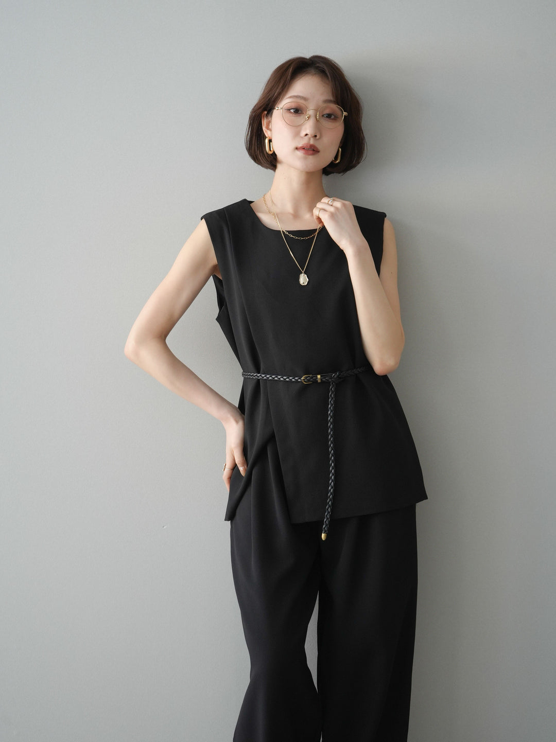 [SET]ベルト付ノースリーブトップス＆ワイドパンツSETUP