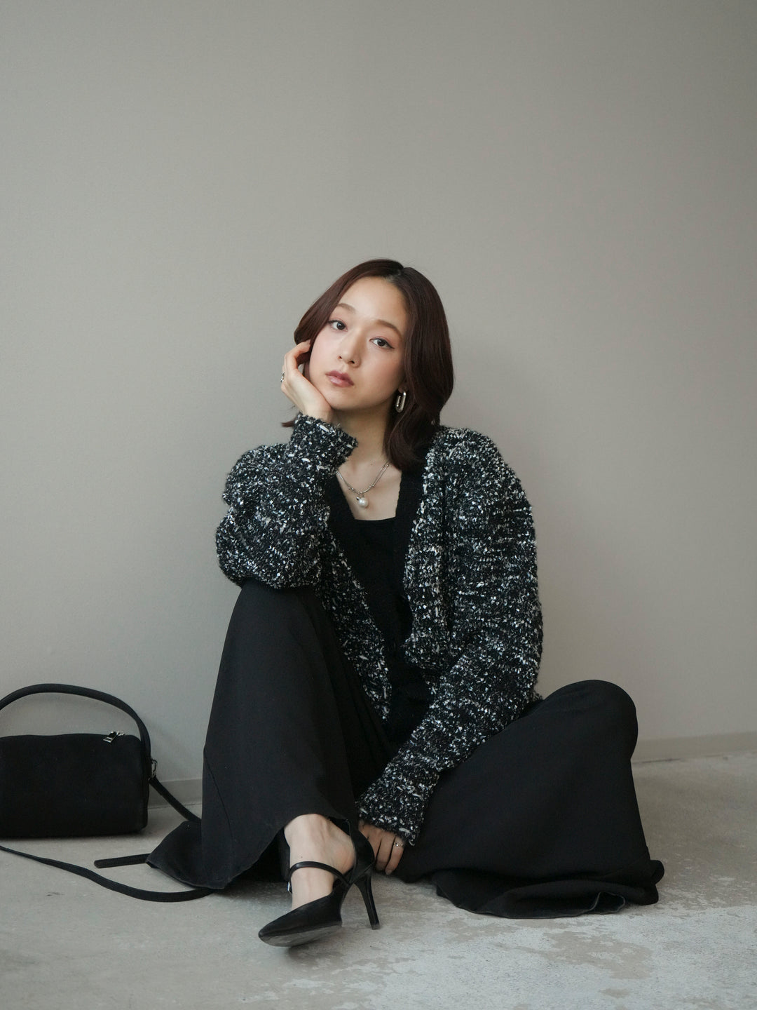 [SET]モールネップニットカーディガン+テープベルトタックバギーパンツ(2set)