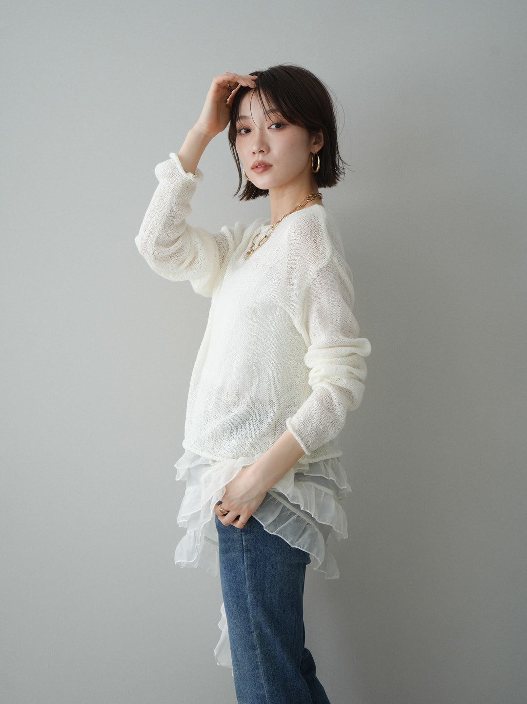 [予約]ラッフルオーガンジータンクトップ＆ニットアンサンブル/white