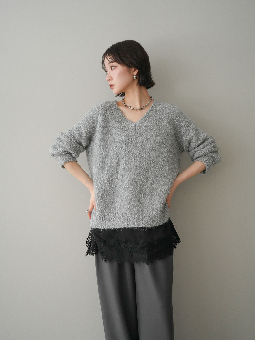 [SET]Vネックスラブニットプルオーバー+選べるアクセセット(2set)